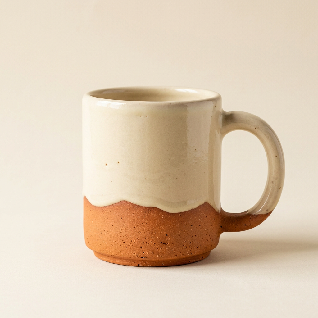 AI-generated concept of an ivory ceramic mug with a terracotta-toned base