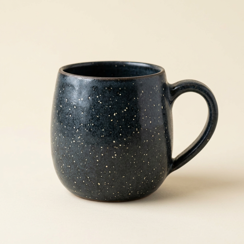 AI-generated concept of a midnight blue ceramic mug with ivory speckles